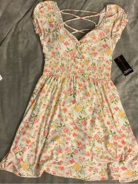 No Boundaries White Floral Smocked Dress with Pink & Yellow Flowers